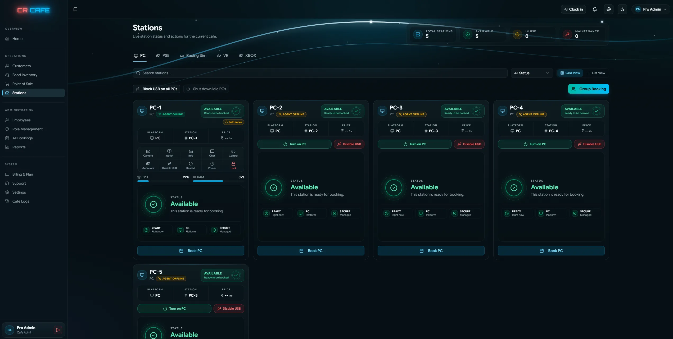 CR Cafe stations dashboard showing real-time status and remote controls for every gaming PC